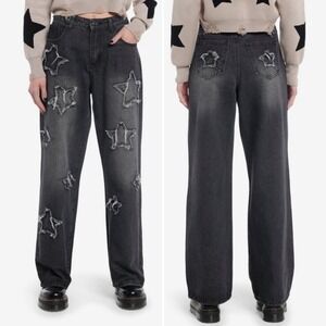 Hot Topic Black frayed Star Patch Wide Leg Baggy Jeans M Grunge Y2K